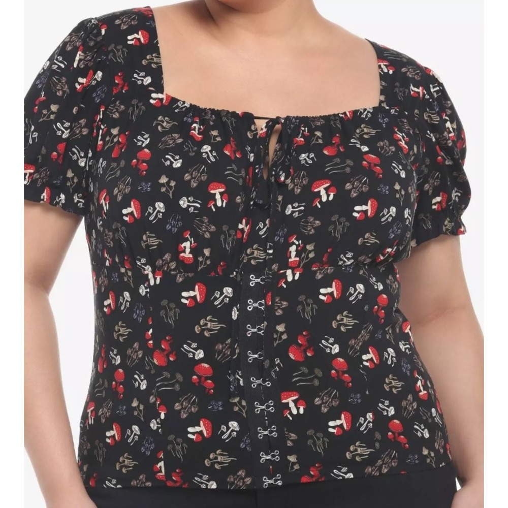 Thorn & Fable Mushroom Print Milkmaid Top Sz 5 XXL Black‎ Cottagecore Smocked